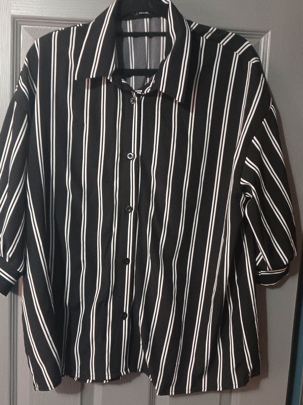 SHEIN Black Button-Down Shirt with White Vertical Stripes